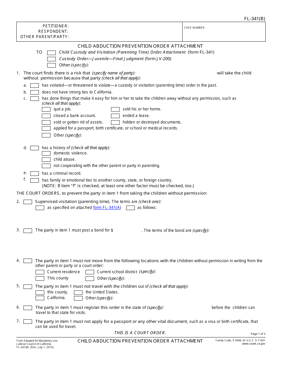 Form FL-341(B) - Fill Out, Sign Online and Download Fillable PDF ...