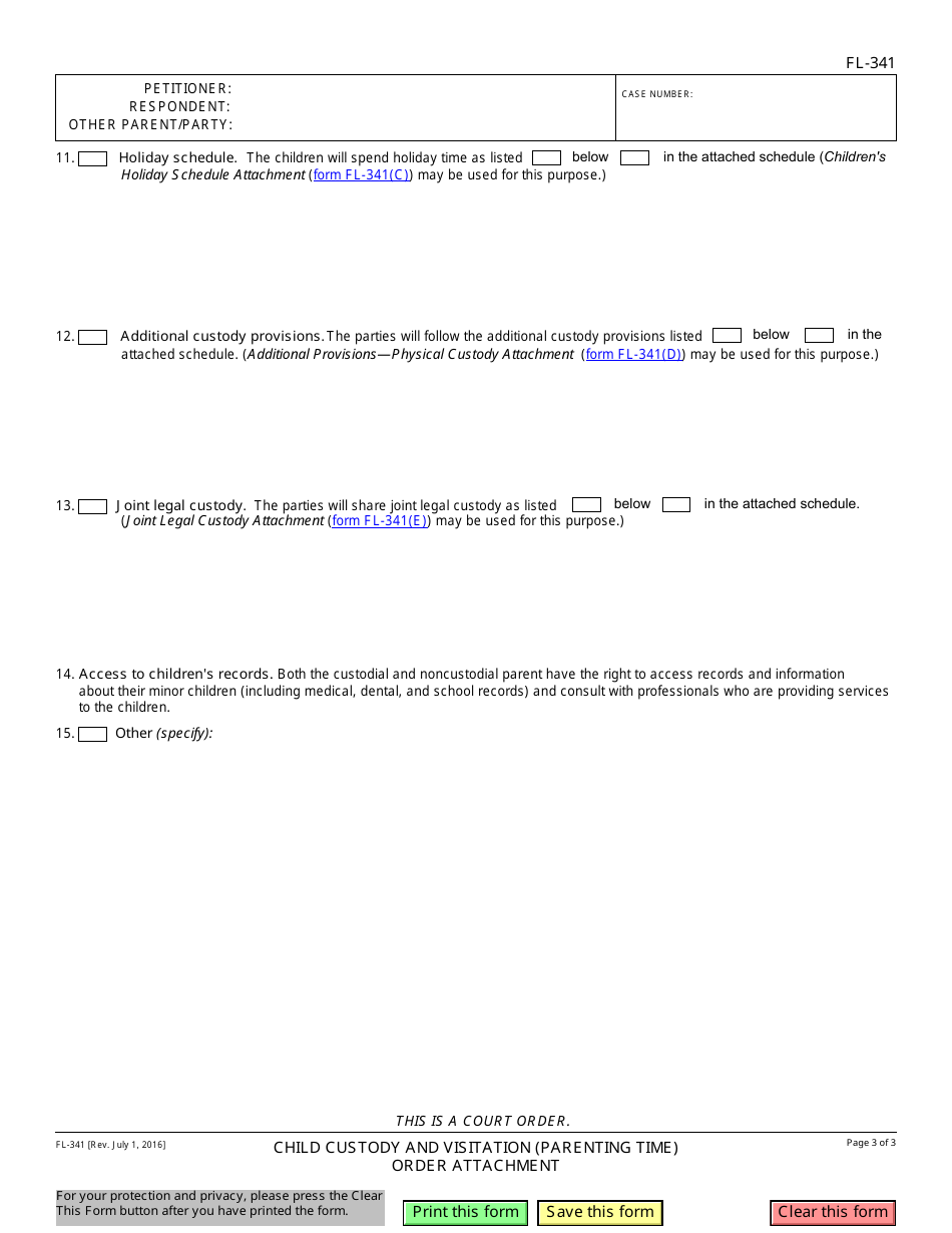 Form FL-341 Child Custody and Visitation (Parenting Time) Order Attachment - California, Page 3
