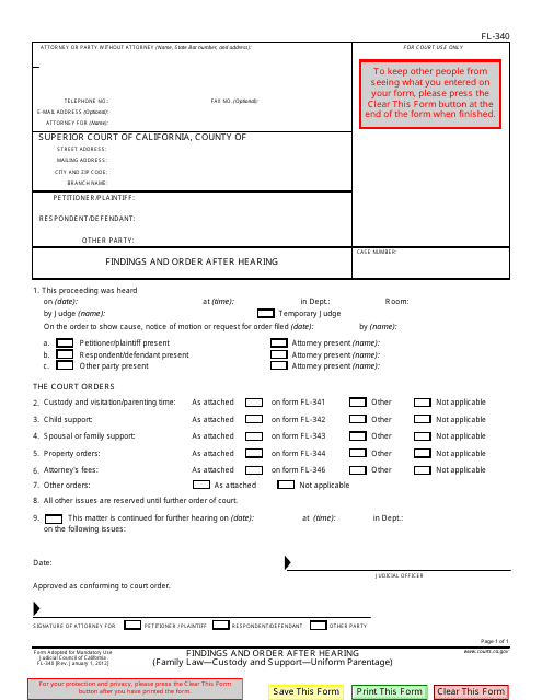 Form FL-340 Findings and Order After Hearing - California