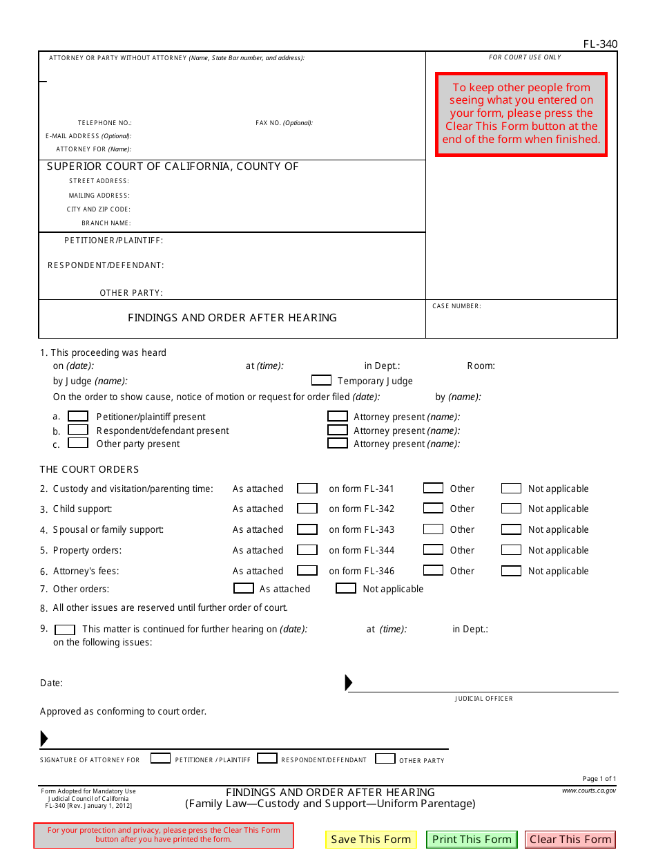 Form FL-340 Findings and Order After Hearing - California, Page 1