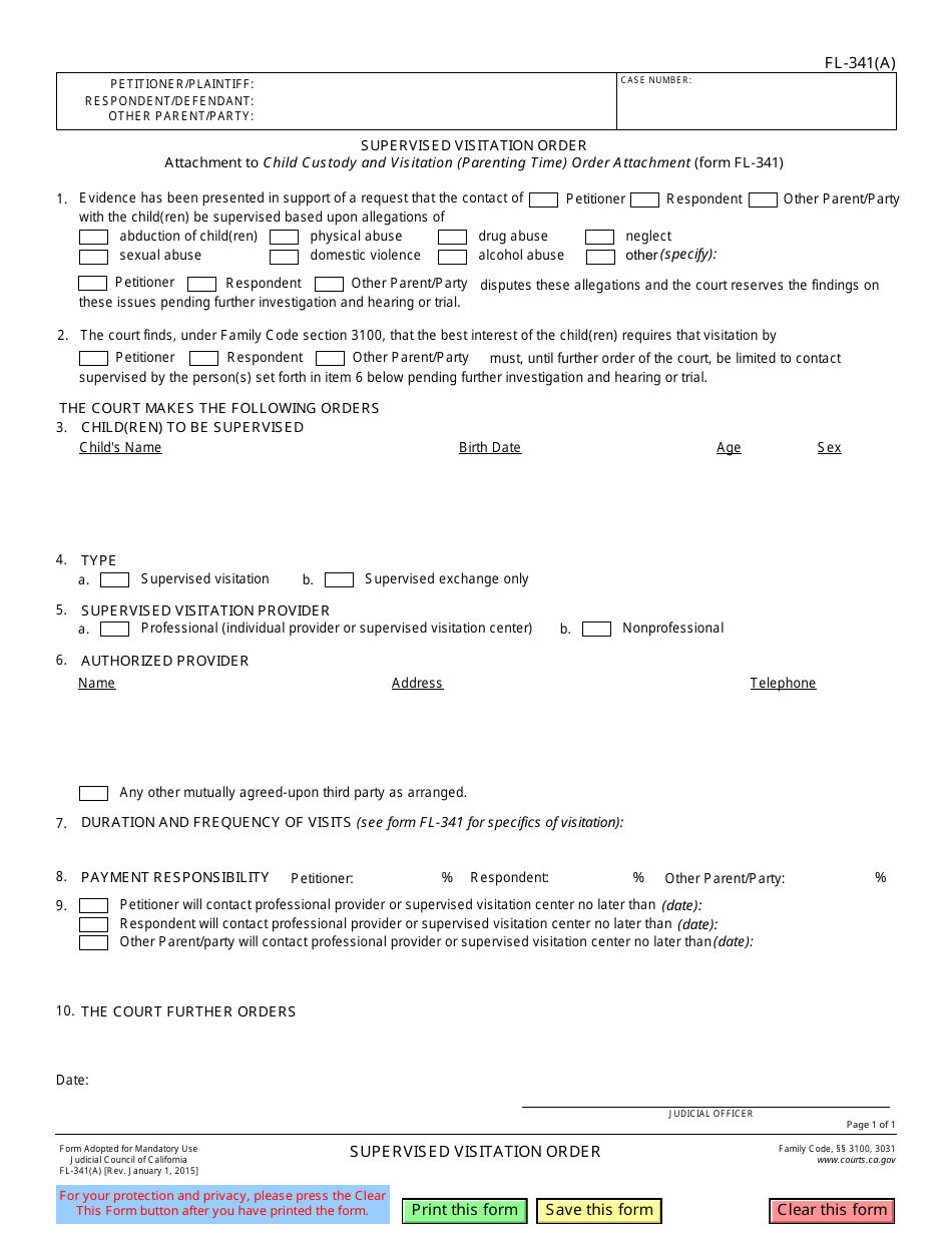 Form FL-341(A) Supervised Visitation Order - California, Page 1