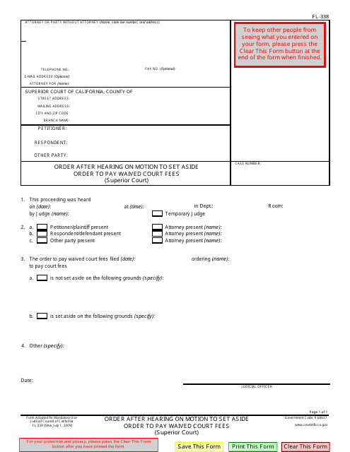 Form FL-338 Order After Hearing on Motion to Set Aside Order to Pay Waived Court Fees (Superior Court) - California