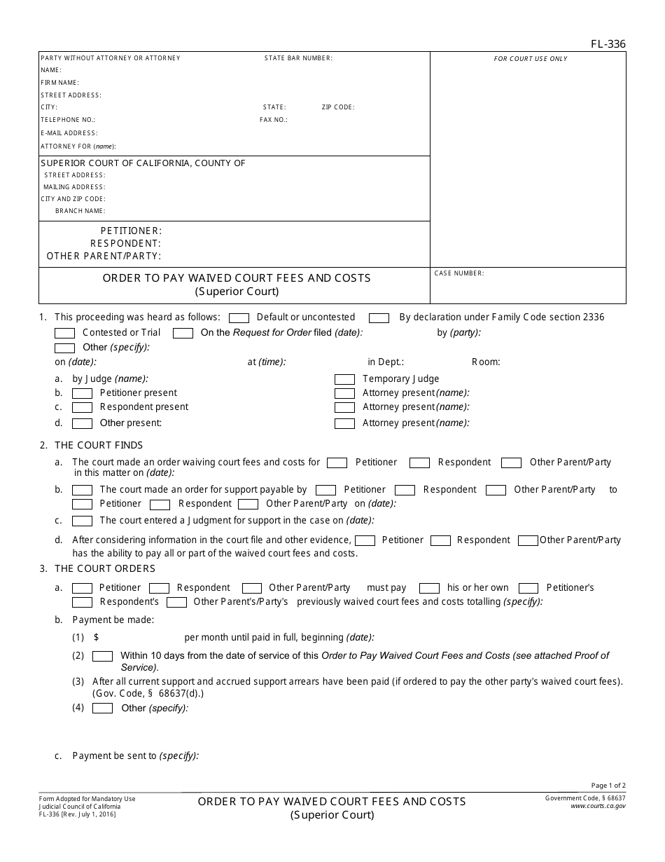 Form FL-336 Order to Pay Waived Court Fees and Costs (Superior Court) - California, Page 1