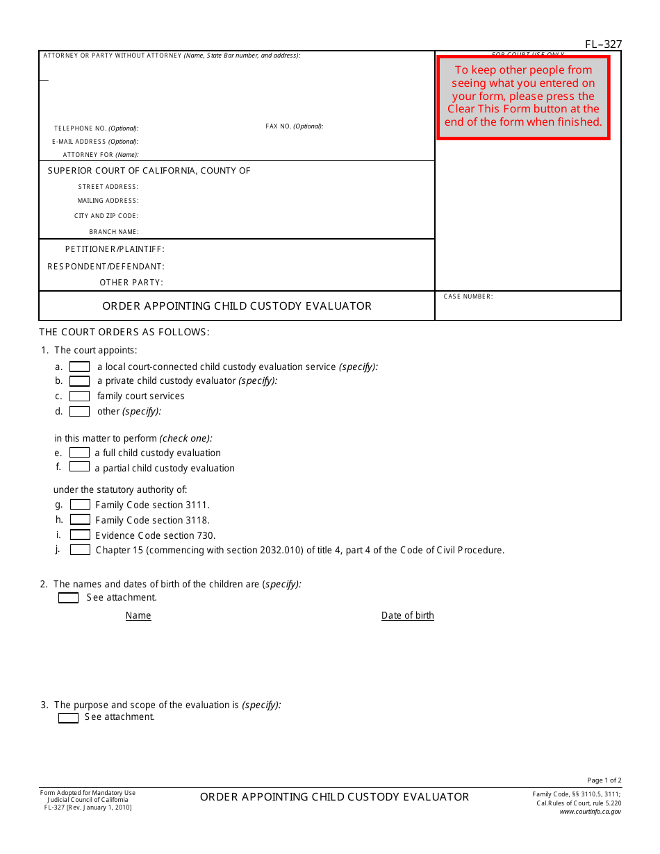 Form FL-327 Order Appointing Child Custody Evaluator - California, Page 1
