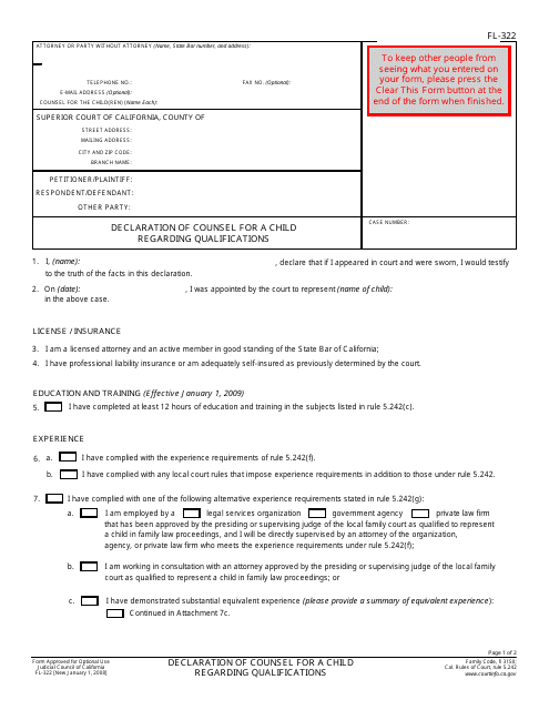Form FL-322 Declaration of Counsel for a Child Regarding Qualifications - California