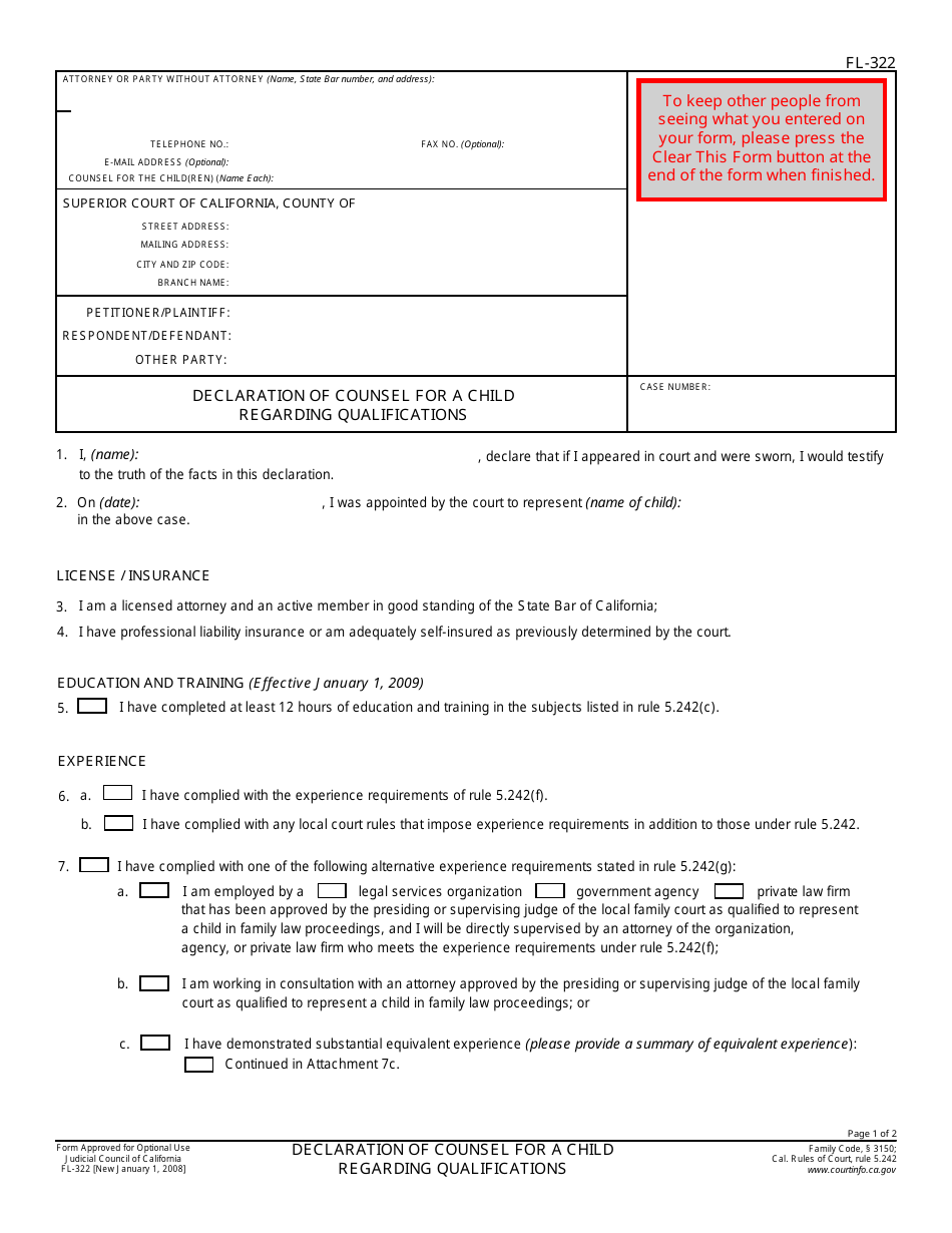 Form FL-322 Declaration of Counsel for a Child Regarding Qualifications - California, Page 1