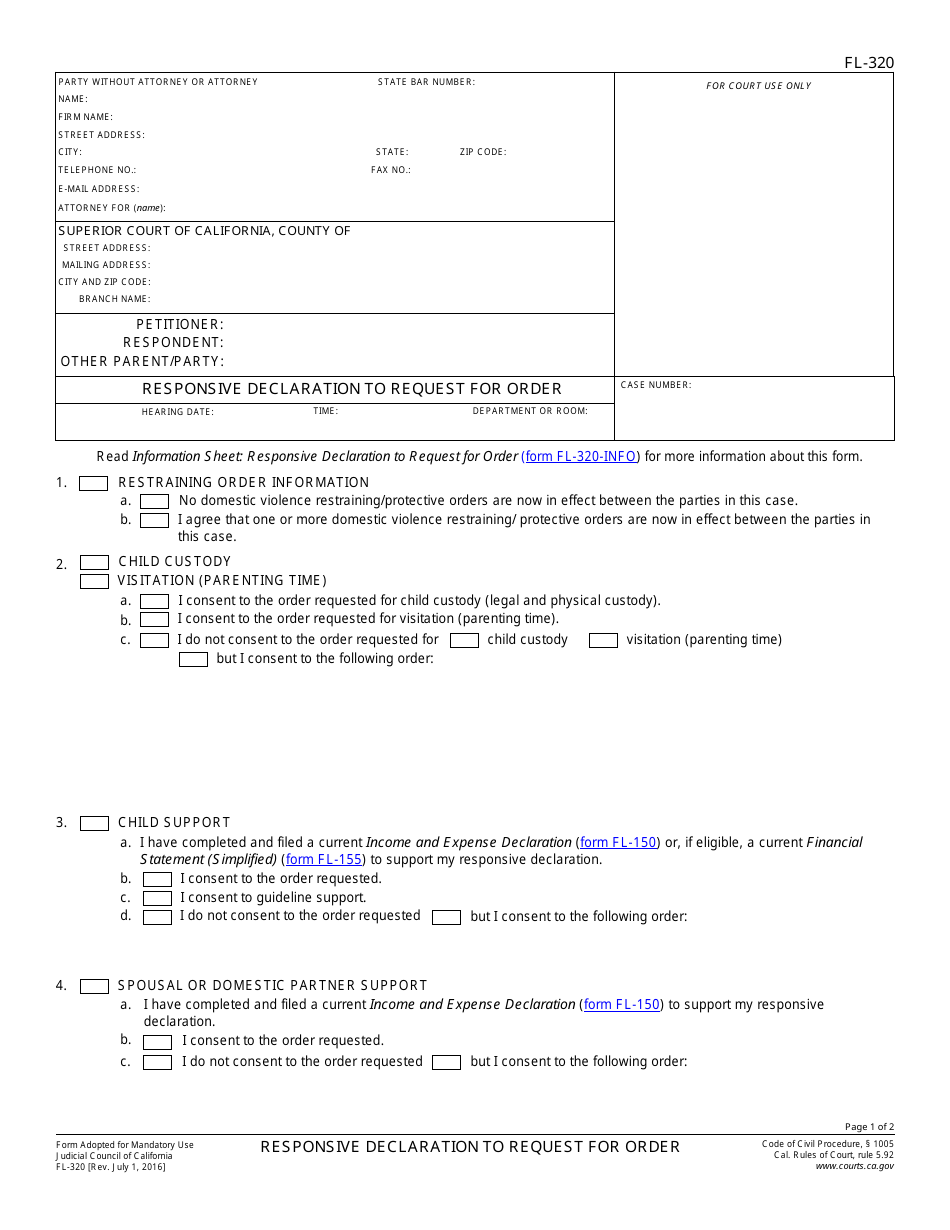 Form FL-320 Responsive Declaration to Request for Order - California, Page 1