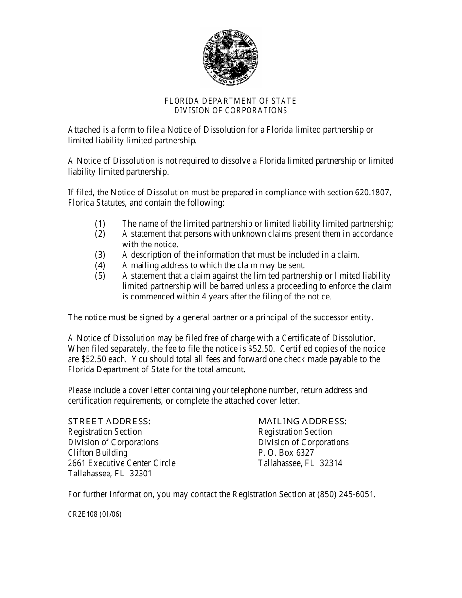 Form CR2E108 Notice of Dissolution for Florida Limited Partnership or Limited Liability Limited Partnership - Florida, Page 1