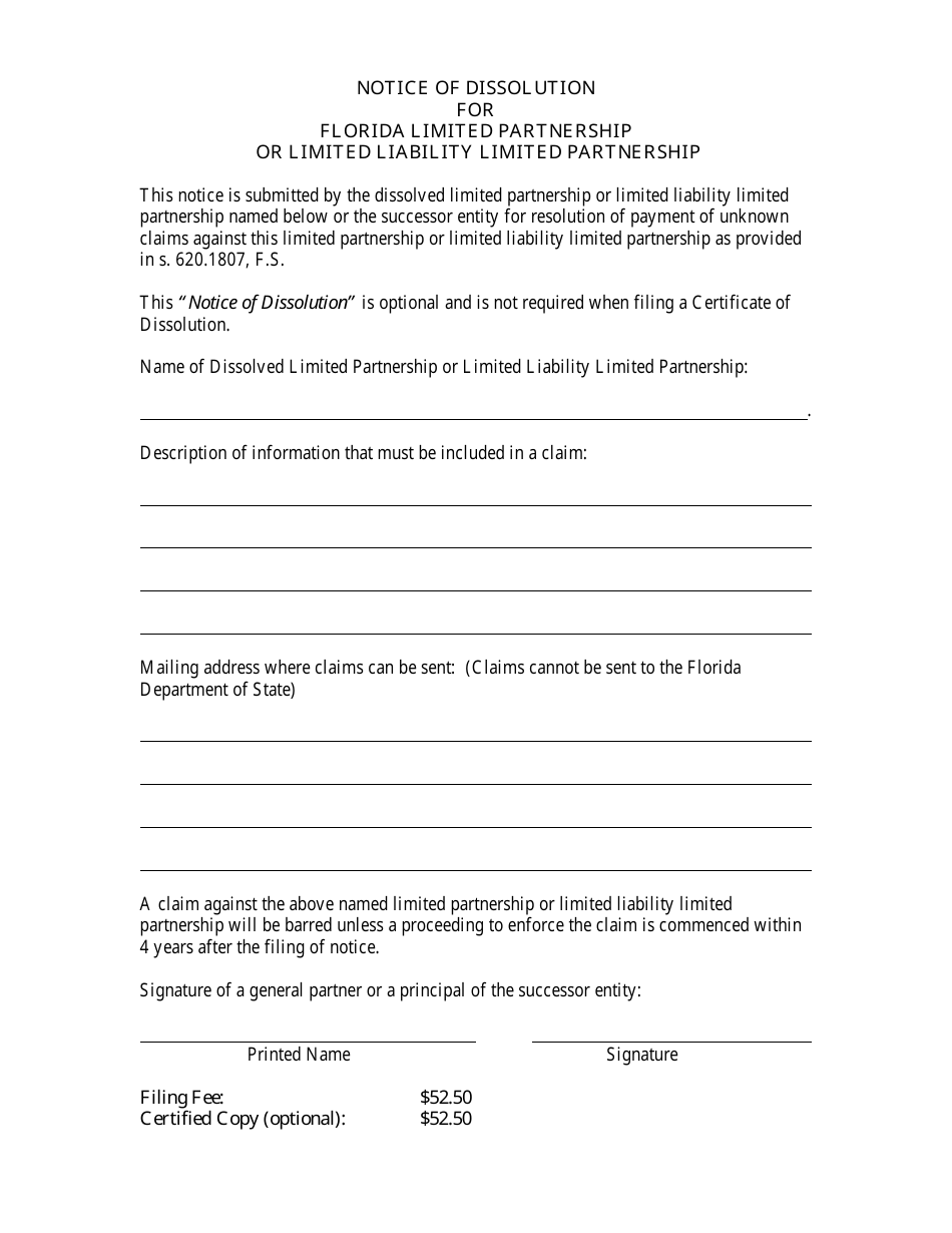 Form CR2E108 Notice of Dissolution for Florida Limited Partnership or Limited Liability Limited Partnership - Florida, Page 3