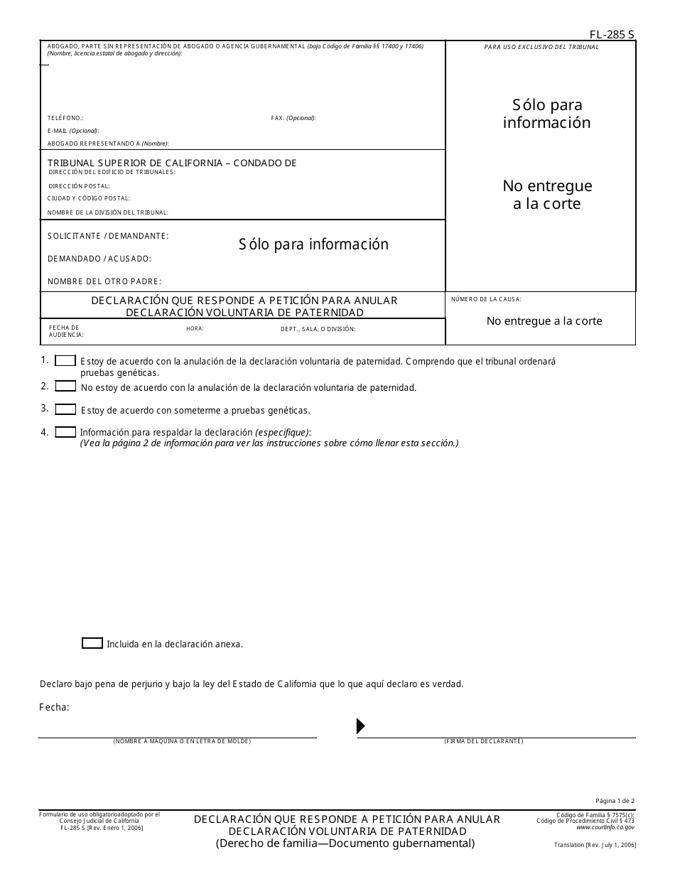 Formulario FL-285 S Declaracion Que Responde a Peticion Para Anular Numero De La Causa: Declaracion Voluntaria De Paternidad - California (Spanish), Page 1