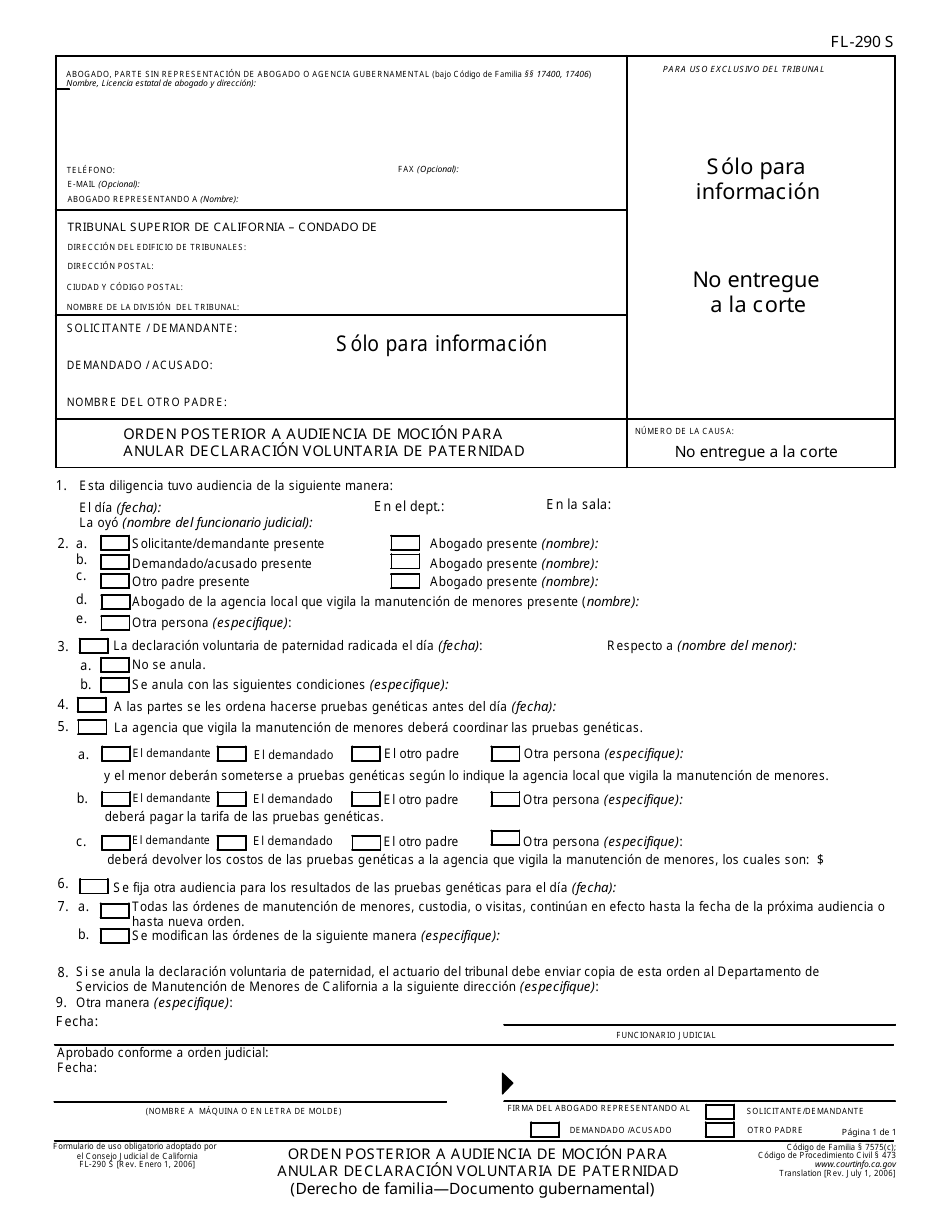 Formulario FL-290 S Orden Posterior a Audiencia De Mocion Para Anular Declaracion Voluntaria De Paternidad - California (Spanish), Page 1