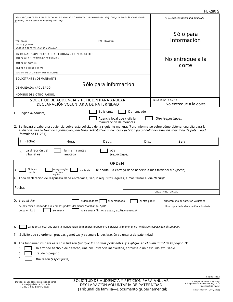 Formulario FL-280 S Solicitud De Audiencia Y Peticion Para Anular Declaracion Voluntaria De Paternidad - California (Spanish), Page 1