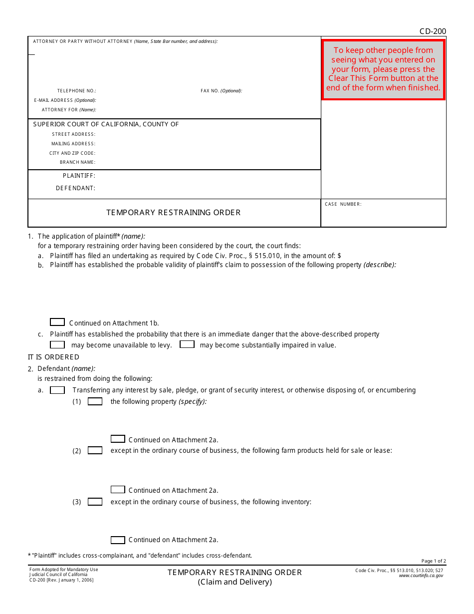 Form CD-200 Temporary Restraining Order - California, Page 1