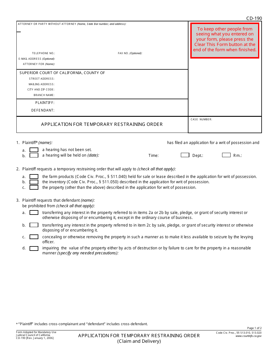 Form CD-190 Application for Temporary Restraining Order - California, Page 1