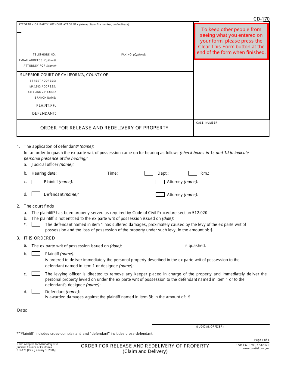 Form CD-170 Order for Release and Redelivery of Property - California, Page 1