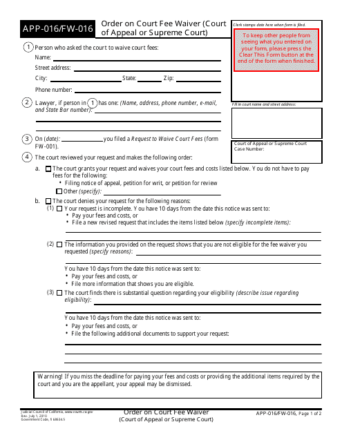Form APP-016/FW-016 Order on Court Fee Waiver (Court of Appeal or Supreme Court) - California