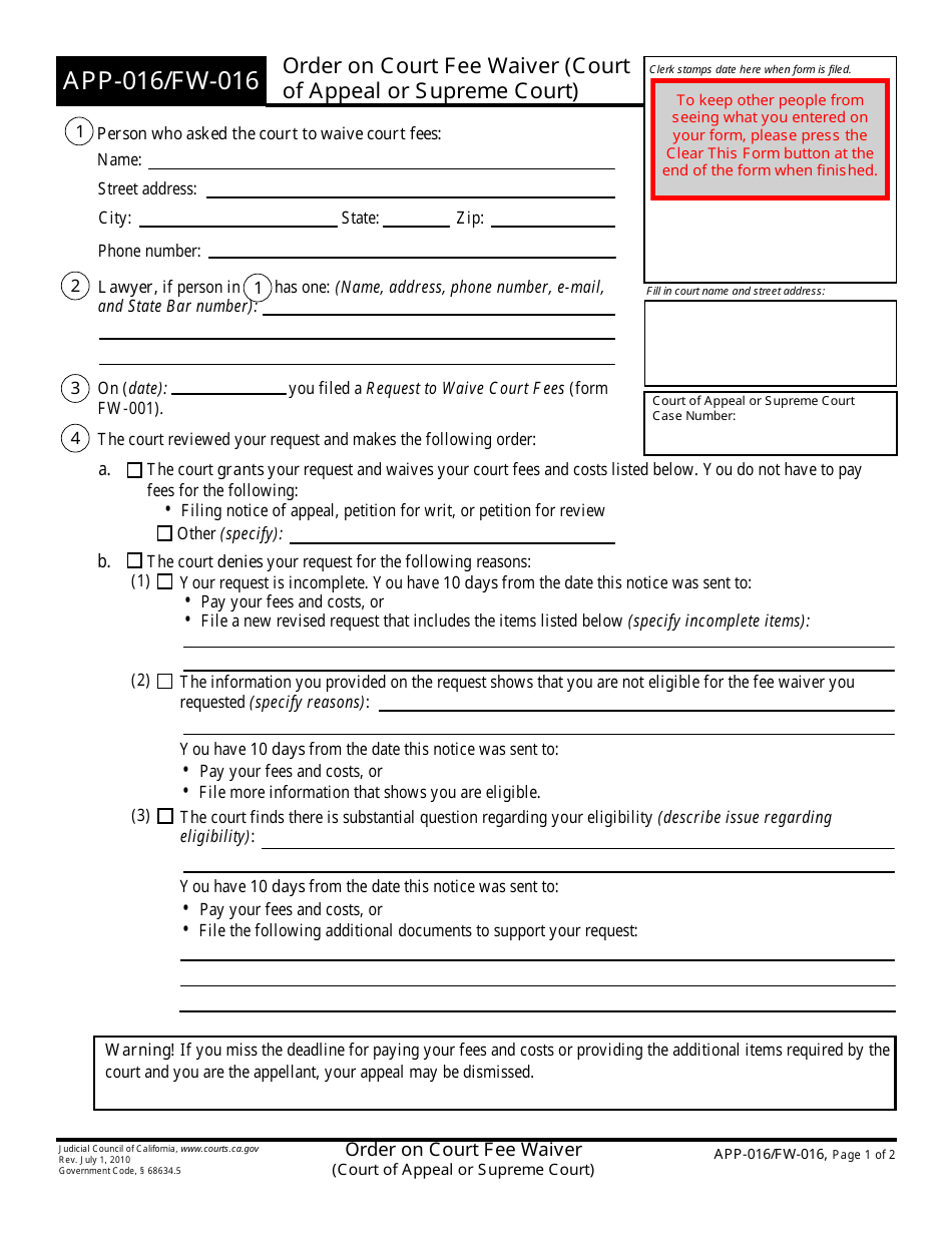 Form APP-016 / FW-016 Order on Court Fee Waiver (Court of Appeal or Supreme Court) - California, Page 1