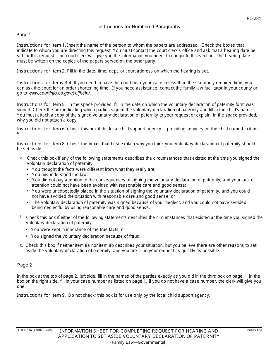 Instructions for Form FL-281, FL-280 Request for Hearing and Application to Set Aside Voluntary Declaration of Paternity - California, Page 2