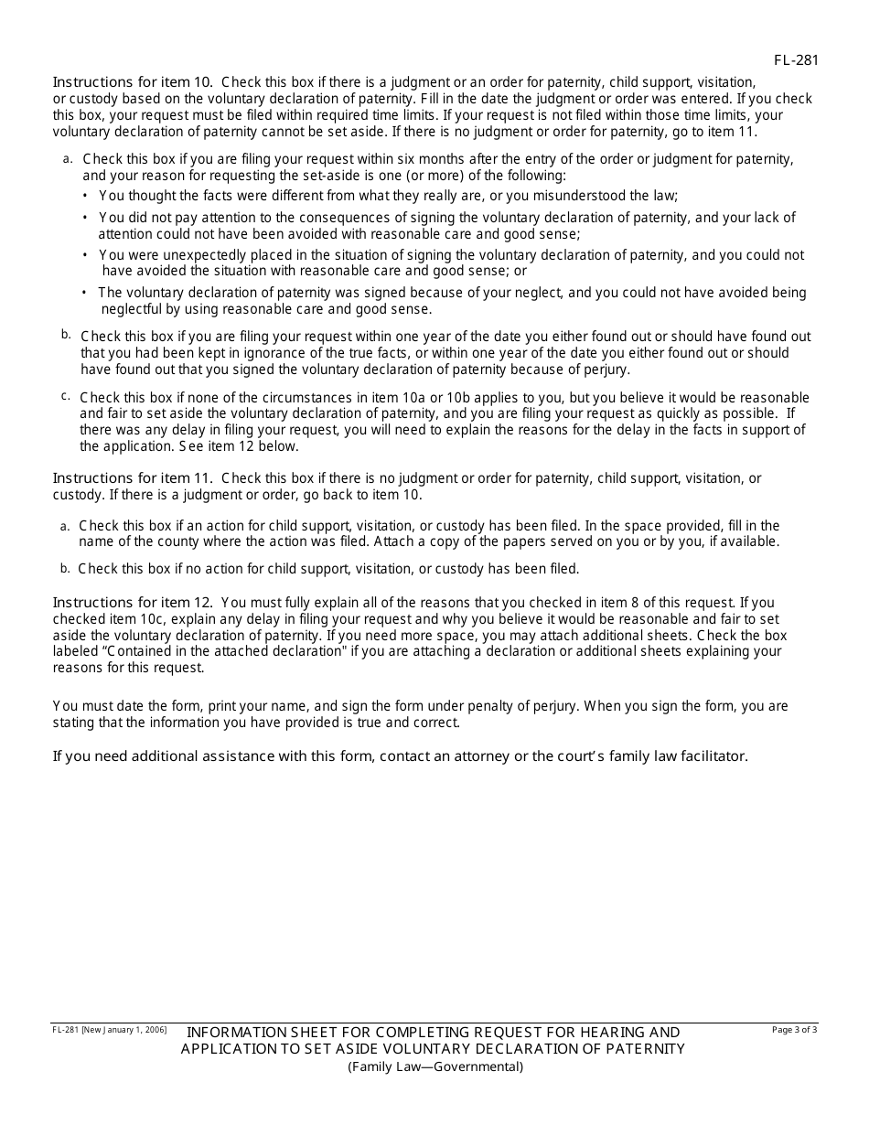 Instructions for Form FL-281, FL-280 Request for Hearing and Application to Set Aside Voluntary Declaration of Paternity - California, Page 3