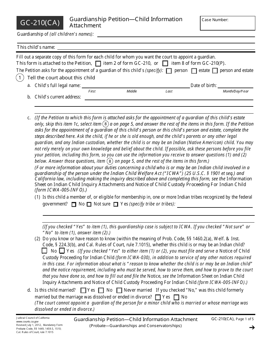 Form GC-210(CA) Guardianship Petition-Child Information Attachment - California, Page 1