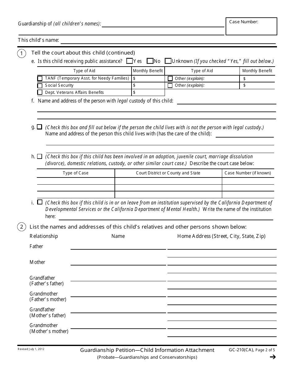 Form GC-210(CA) Guardianship Petition-Child Information Attachment - California, Page 2