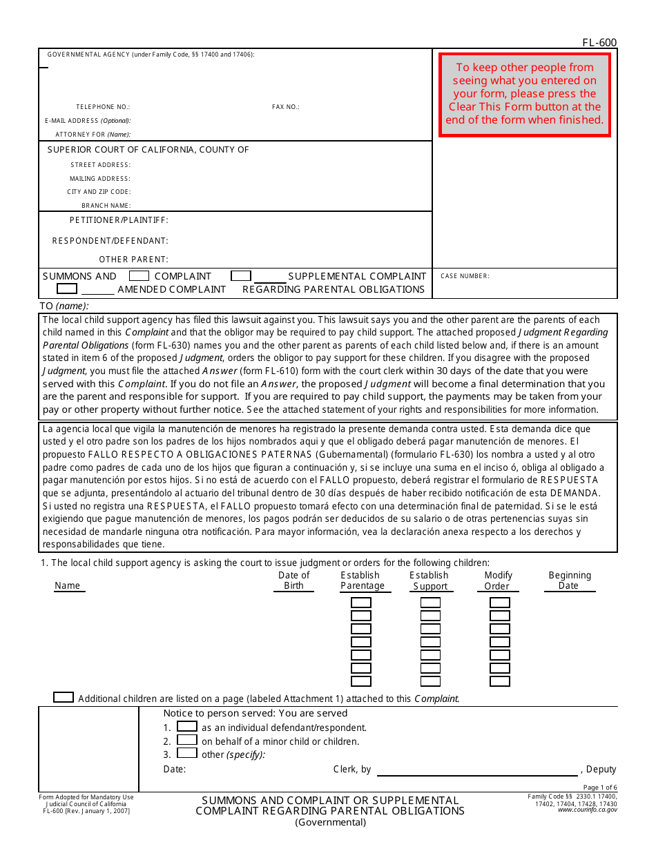 Form FL-600 Summons and Complaint or Supplemental Complaint Regarding Parental Obligations - California, Page 1