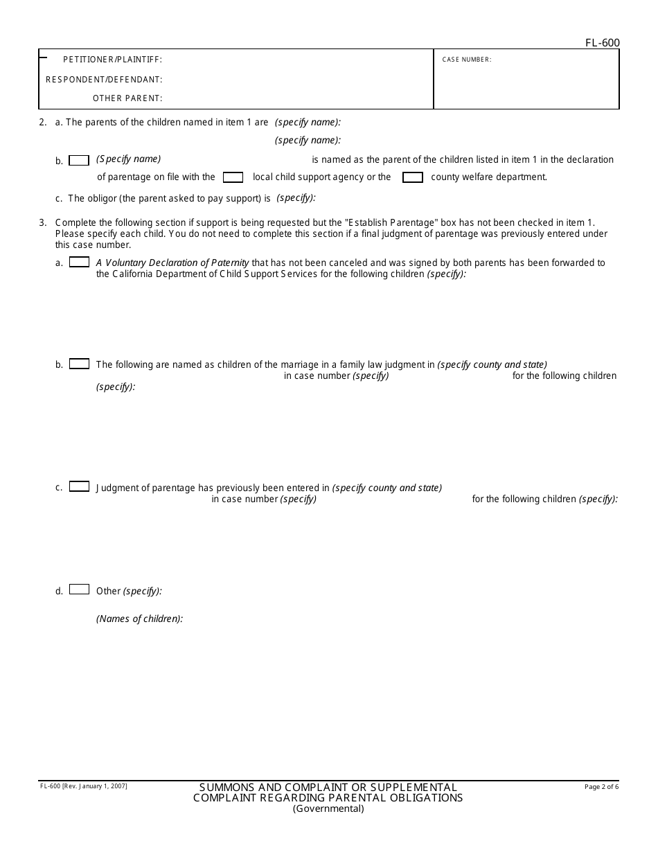 Form FL-600 Summons and Complaint or Supplemental Complaint Regarding Parental Obligations - California, Page 2