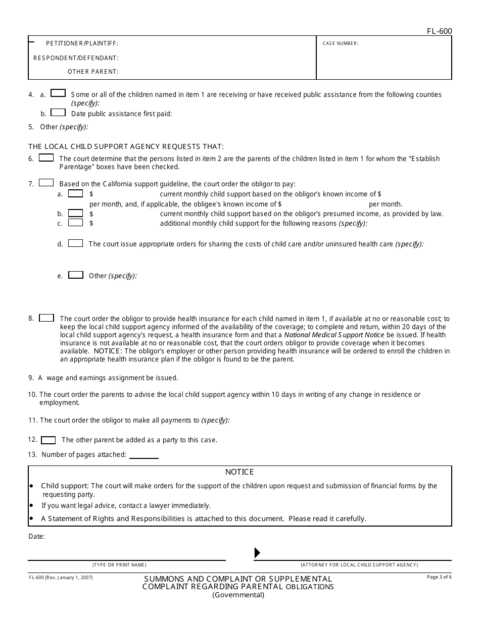 Form FL-600 Summons and Complaint or Supplemental Complaint Regarding Parental Obligations - California, Page 3