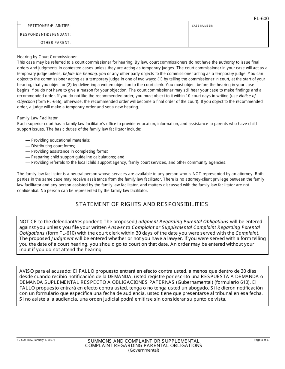 Form FL-600 Summons and Complaint or Supplemental Complaint Regarding Parental Obligations - California, Page 4