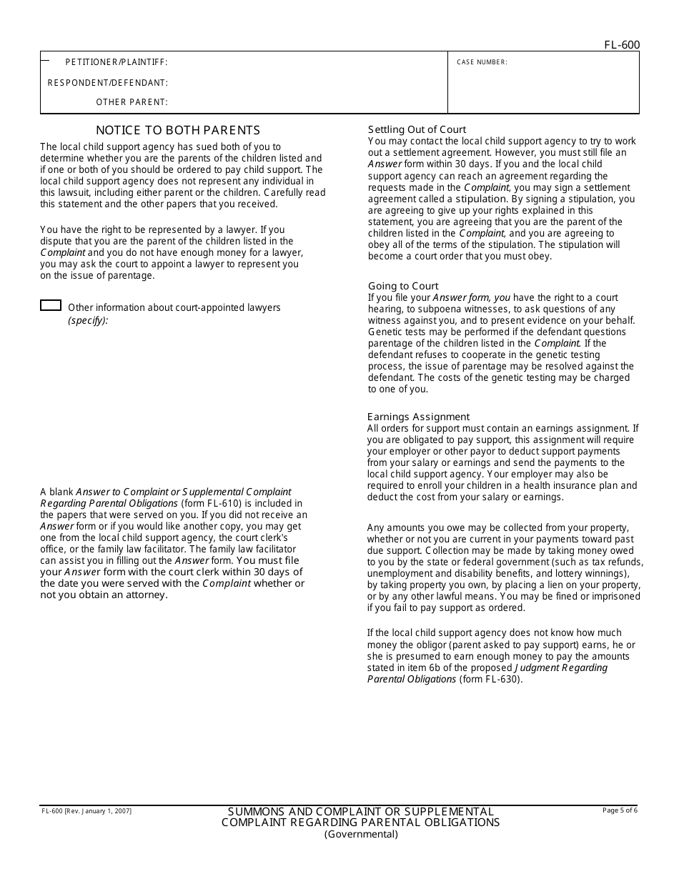 Form FL-600 Summons and Complaint or Supplemental Complaint Regarding Parental Obligations - California, Page 5