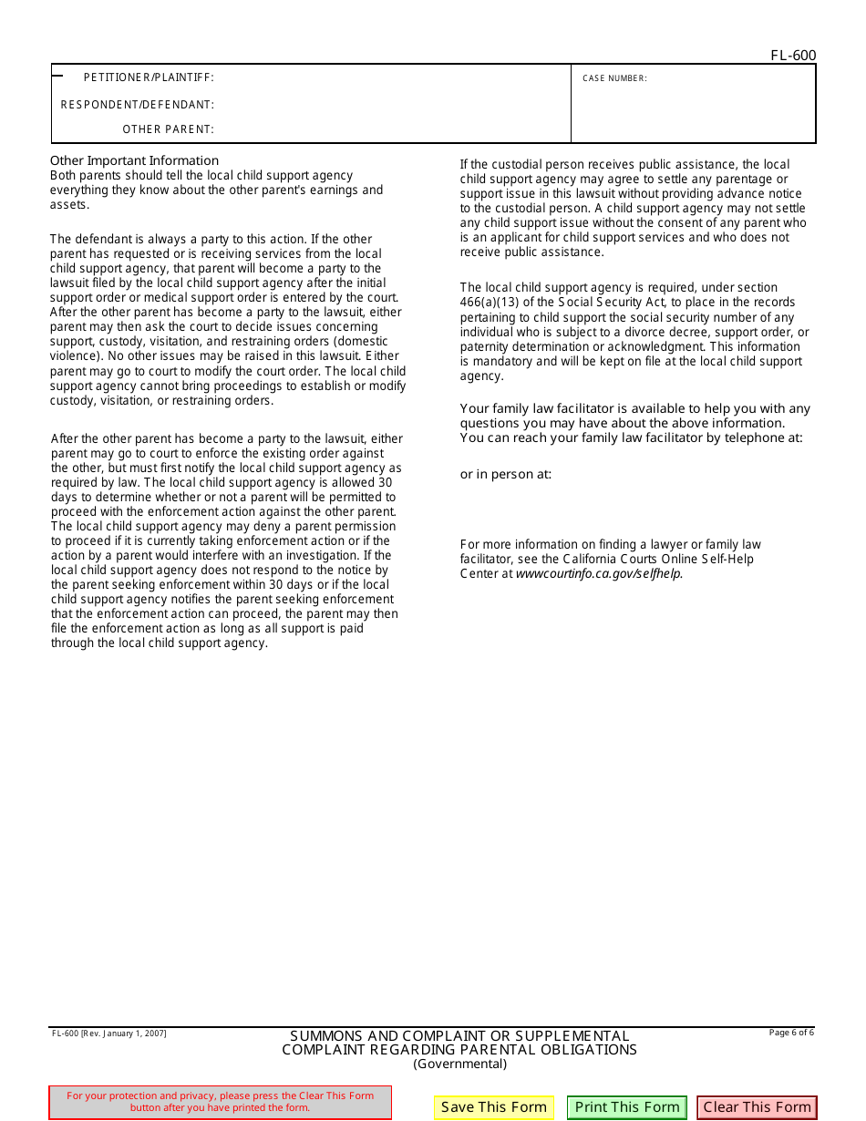Form FL-600 Summons and Complaint or Supplemental Complaint Regarding Parental Obligations - California, Page 6