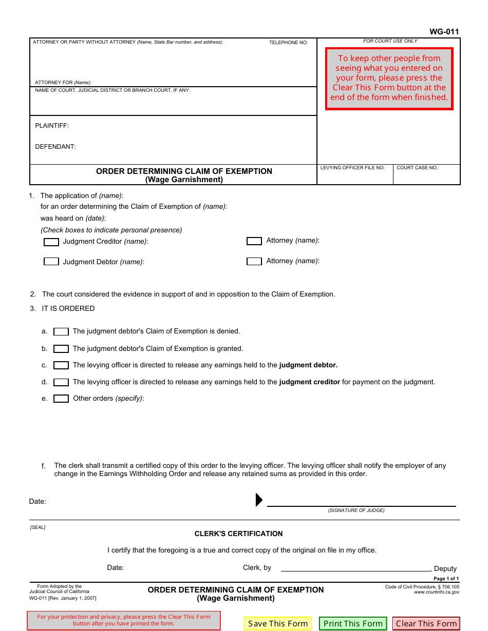 Form WG-011 Order Determining Claim of Exemption (Wage Garnishment) - California, Page 1