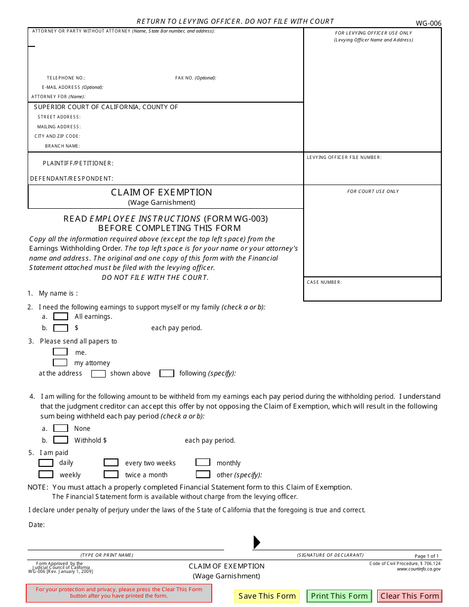 Form WG-006 Claim of Exemption (Wage Garnishment) - California, Page 1