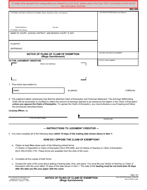 Form WG-008 Notice of Filing of Claim of Exemption (Wage Garnishment) - California