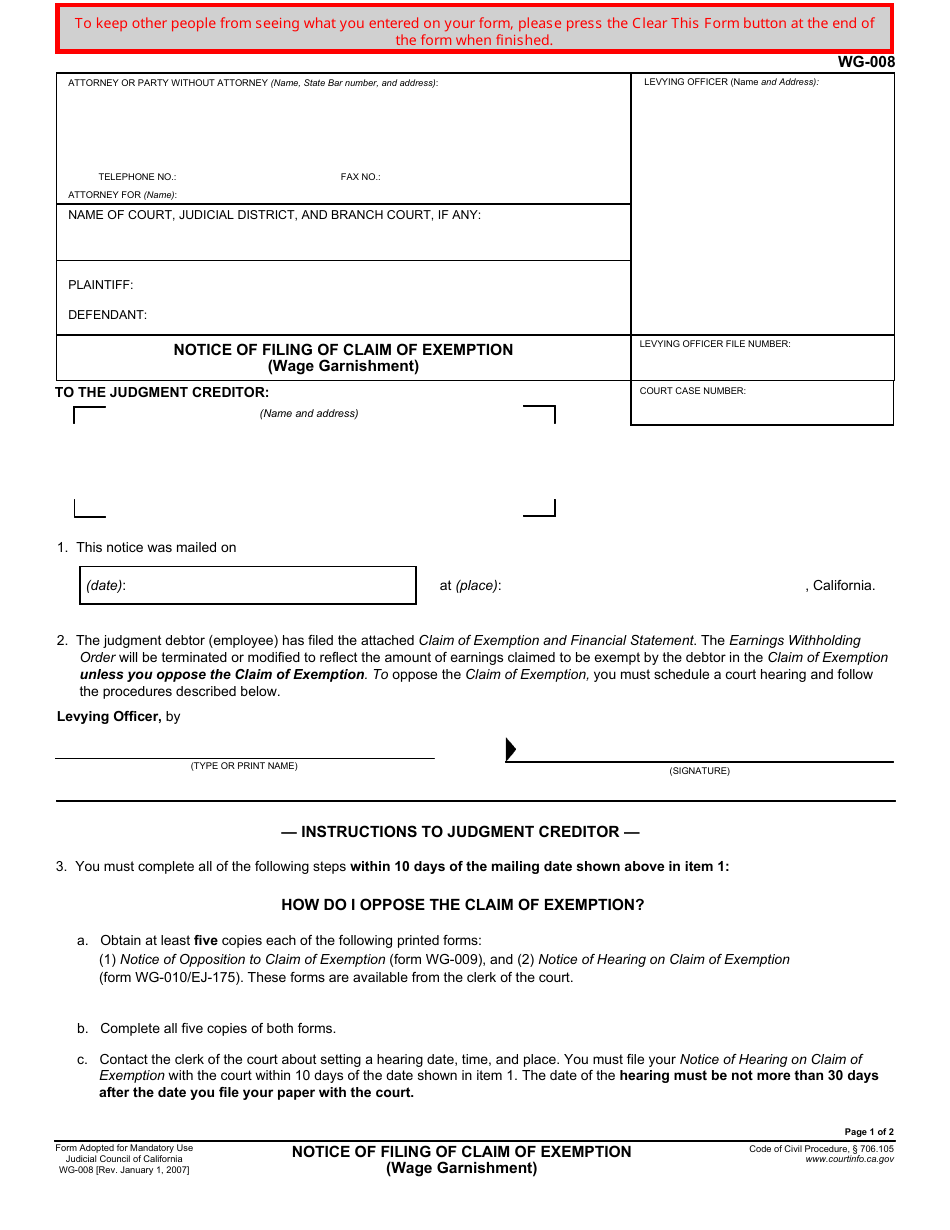 Form WG-008 Notice of Filing of Claim of Exemption (Wage Garnishment) - California, Page 1