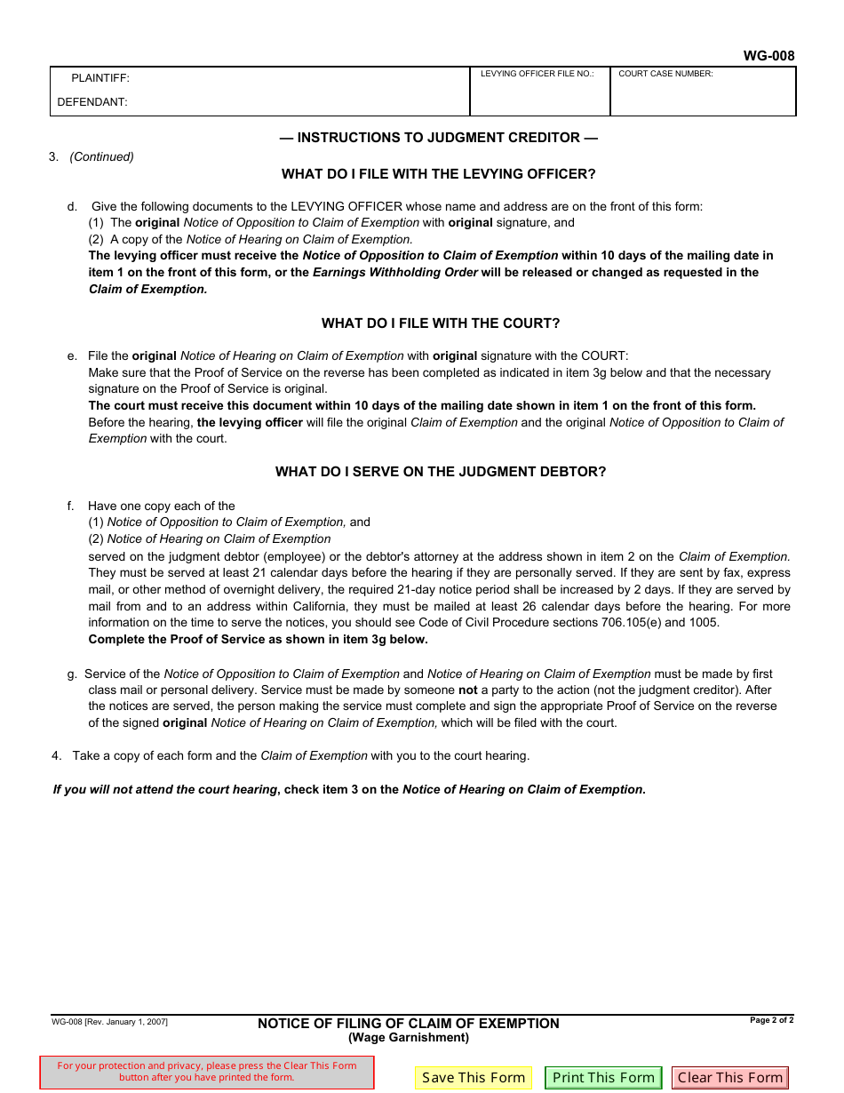 Form WG-008 Notice of Filing of Claim of Exemption (Wage Garnishment) - California, Page 2