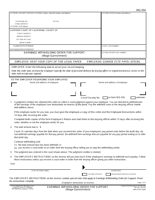 Form WG-004 Earnings Withholding Order for Support (Wage Garnishment) - California