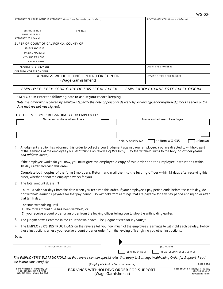 Form WG-004 Earnings Withholding Order for Support (Wage Garnishment) - California, Page 1