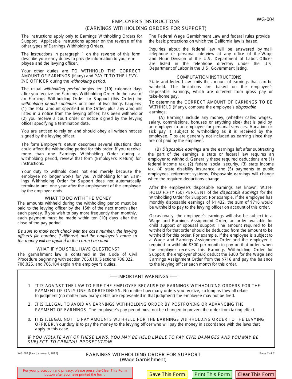 Form WG-004 Earnings Withholding Order for Support (Wage Garnishment) - California, Page 2