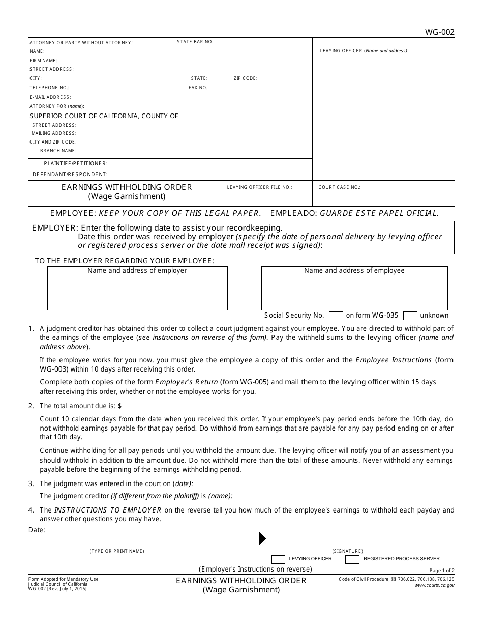 Form WG-002 Earnings Withholding Order (Wage Garnishment) - California, Page 1