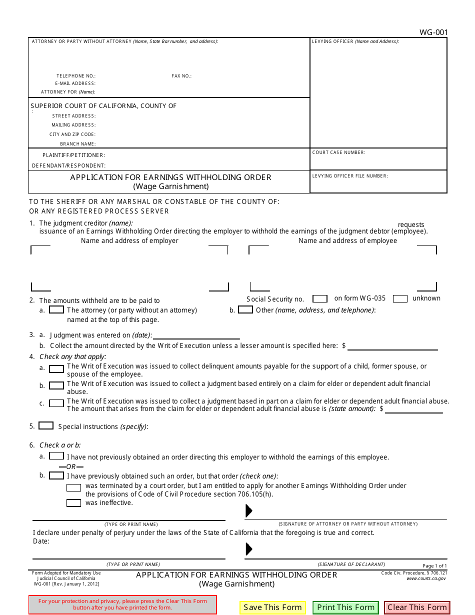 Form WG-001 Application for Earnings Withholding Order (Wage Garnishment) - California, Page 1