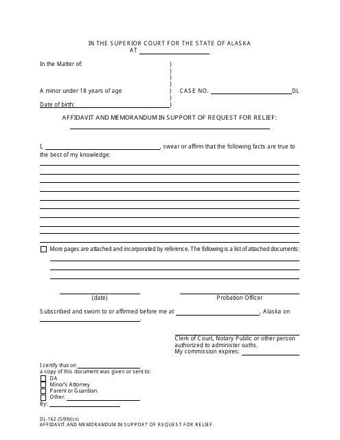 Form DL-162 Affidavit and Memorandum in Support of Request for Relief - Alaska