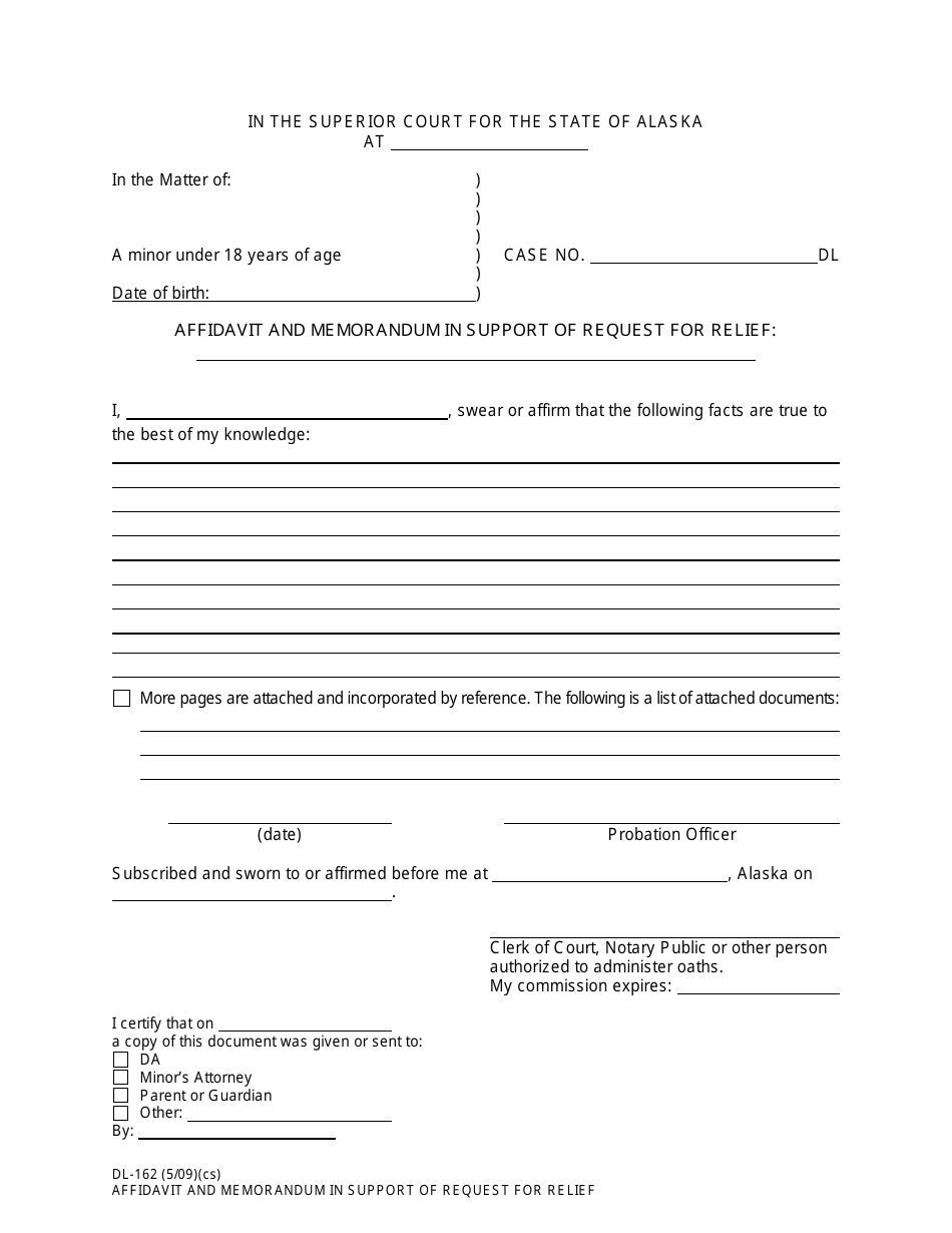 Form DL-162 Affidavit and Memorandum in Support of Request for Relief - Alaska, Page 1