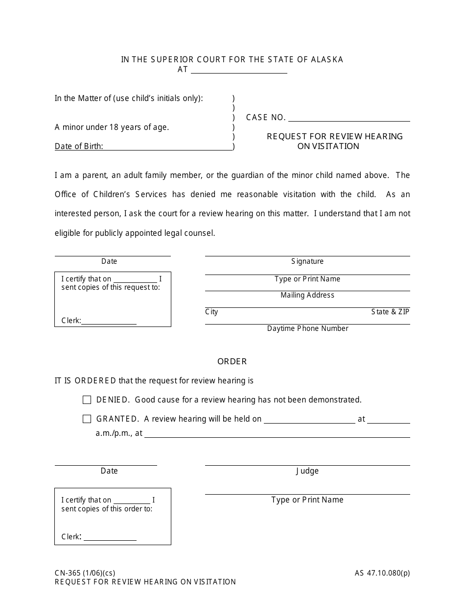 Form CN-365 Request for Review Hearing on Visitation - Alaska, Page 1