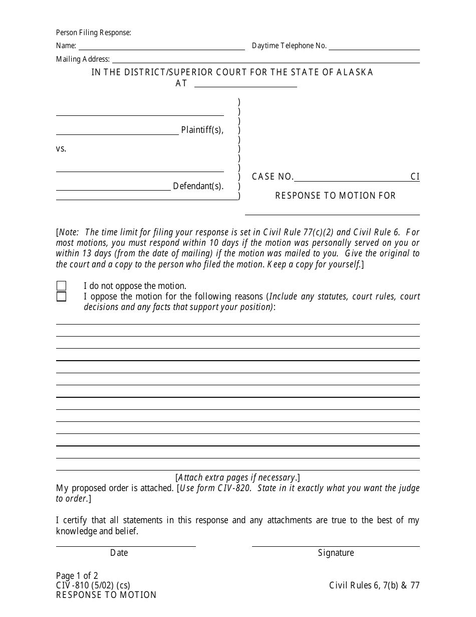 Form CIV-810 Response to Motion - Alaska, Page 1