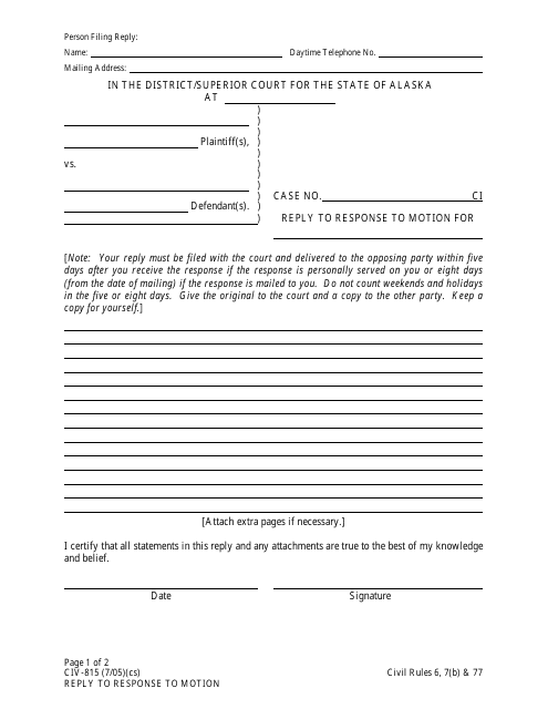 Form CIV-815 Reply to Response to Motion - Alaska