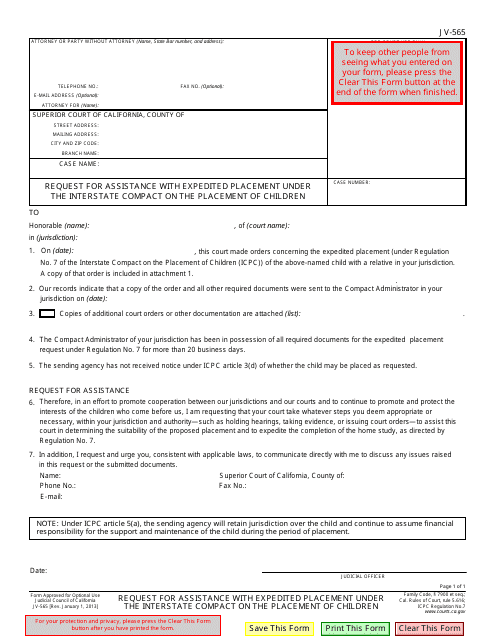 Form JV-565 Request for Assistance With Expedited Placement Under the Interstate Compact on the Placement of Children - California
