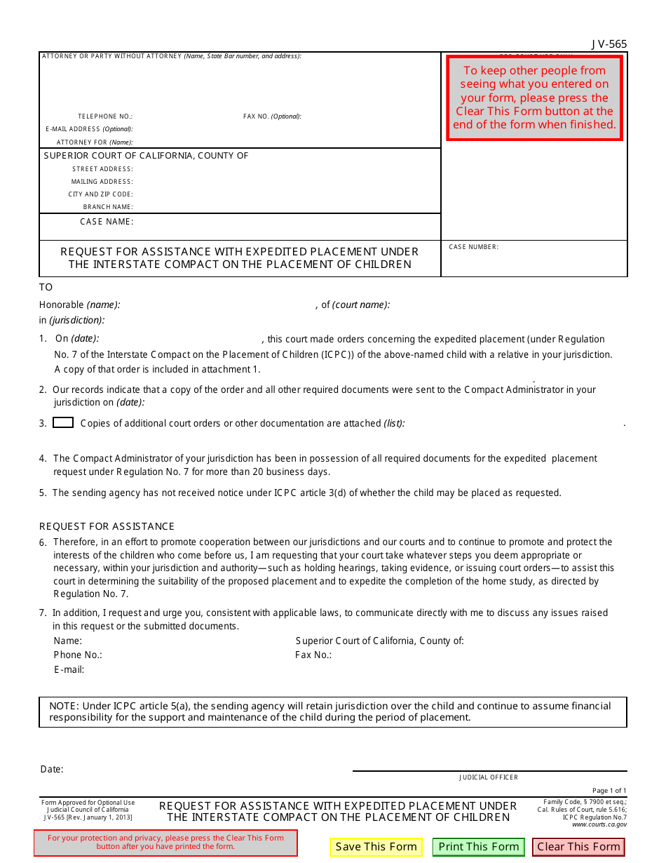 Form JV-565 Request for Assistance With Expedited Placement Under the Interstate Compact on the Placement of Children - California, Page 1