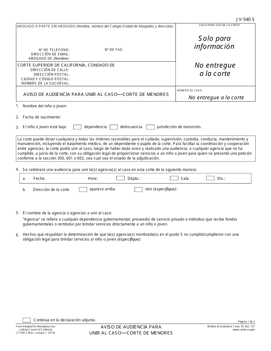 Formulario JV-540 S Aviso De Audiencia Para Unir Al Caso - Corte De Menores - California (Spanish), Page 1