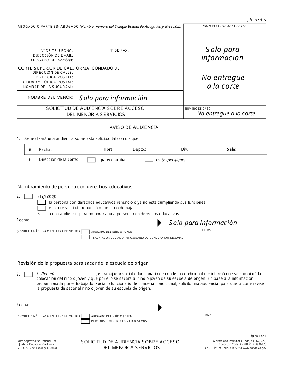 Formulario JV-539 S Solicitud De Audiencia Sobre Acceso Del Menor a Servicios - California (Spanish), Page 1